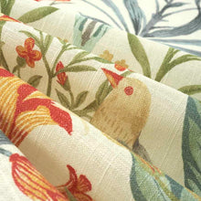 Load image into Gallery viewer, Linen Viscose Cream Orange Teal Green Mustard Grey Bird Floral Upholstery Drapery Fabric