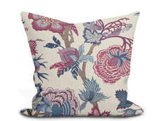 Load image into Gallery viewer, Custom Pillow Cover in Botanical Floral Thibaut Indienne Jacobean in Raspberry and Blue on Natural - One Side