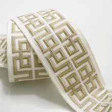 Load image into Gallery viewer, 2.375" Wide Ivory Grey Gold Metallic Greek Key Geometric Embroidered Drapery Tape Trim