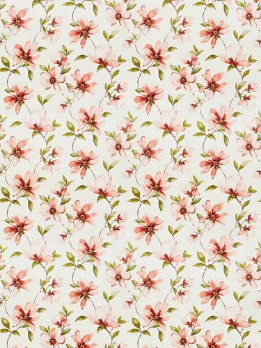 Cotton Cream Coral Green Floral Upholstery Drapery Fabric FB