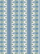 Load image into Gallery viewer, Cotton Linen Cream Aqua Blue Green Stripe Floral Drapery Fabric FB