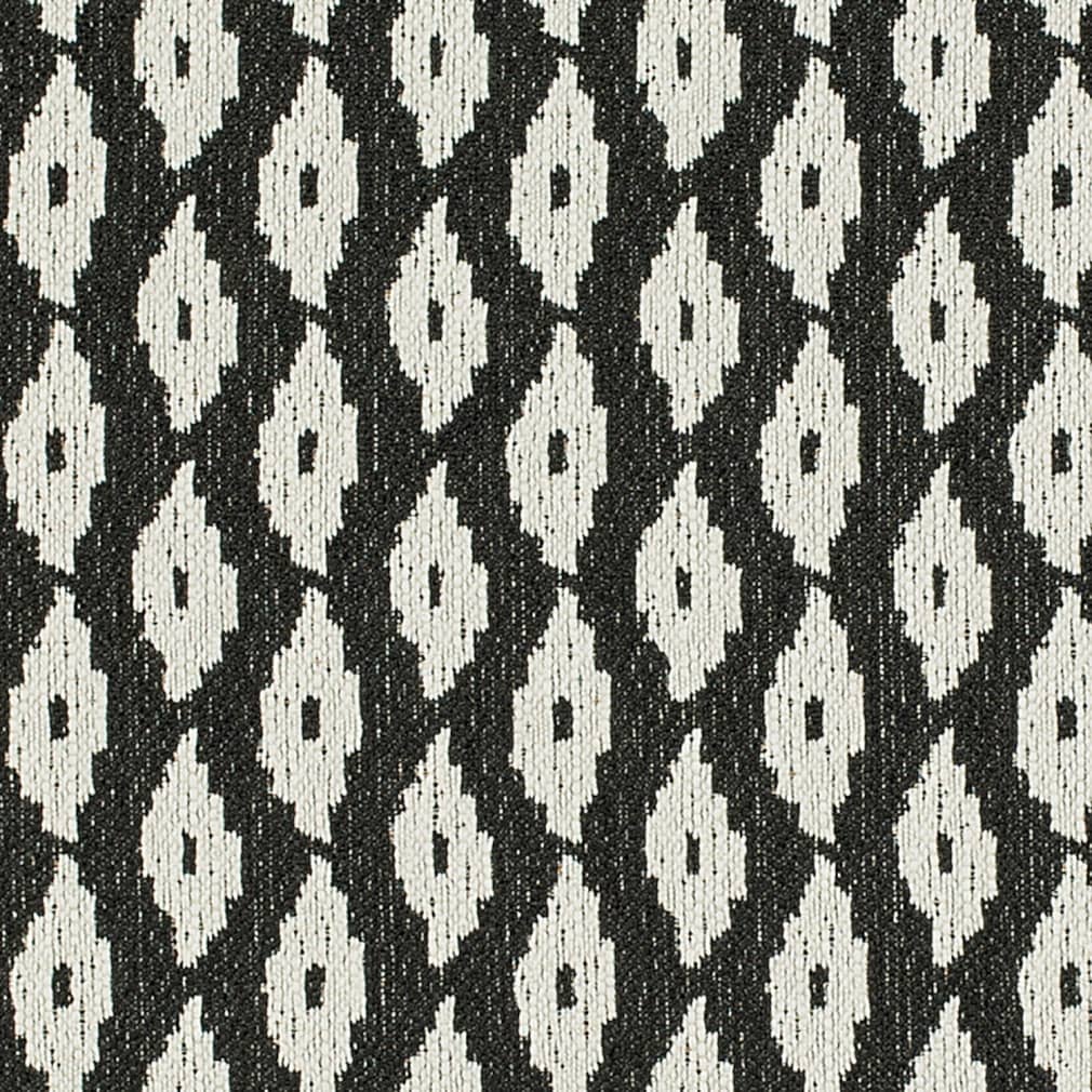 Heavy Duty Black Off White Ikat Diamond Ethnic Geometric Upholstery Fabric