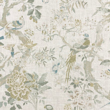 Load image into Gallery viewer, Linen Blend Ivory Aqua Seafoam Green Taupe Floral Bird Upholstery Drapery Fabric MGF