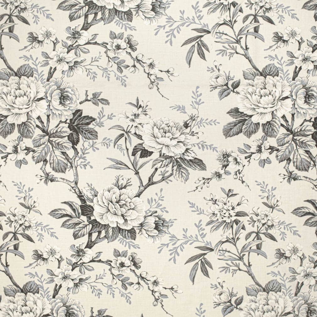 Charcoal Black Grey Ivory Floral Upholstery Fabric
