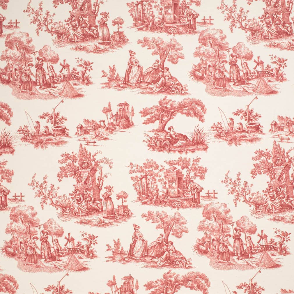 Cream Burgundy Red French Scenic Toile Drapery Upholstery Fabric