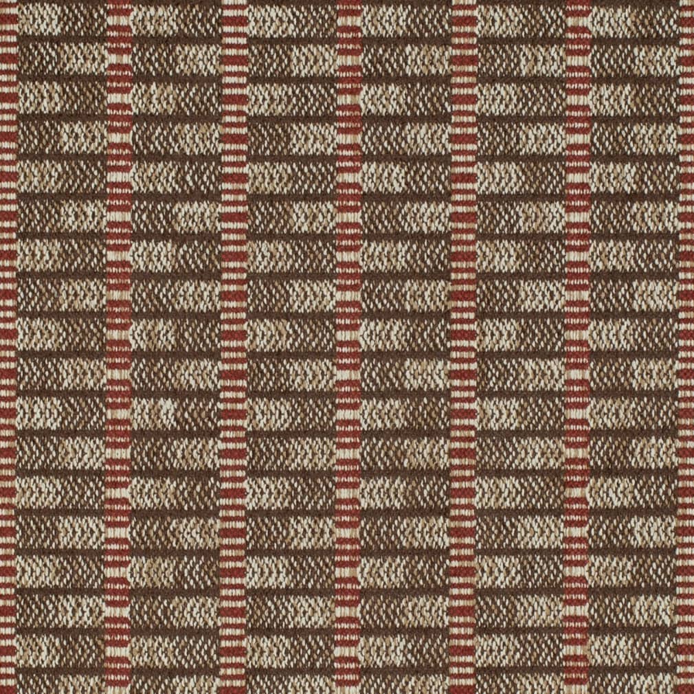 Heavy Duty Brown Red Cream Stripe Tweed Ethnic Geometric Upholstery Fabric