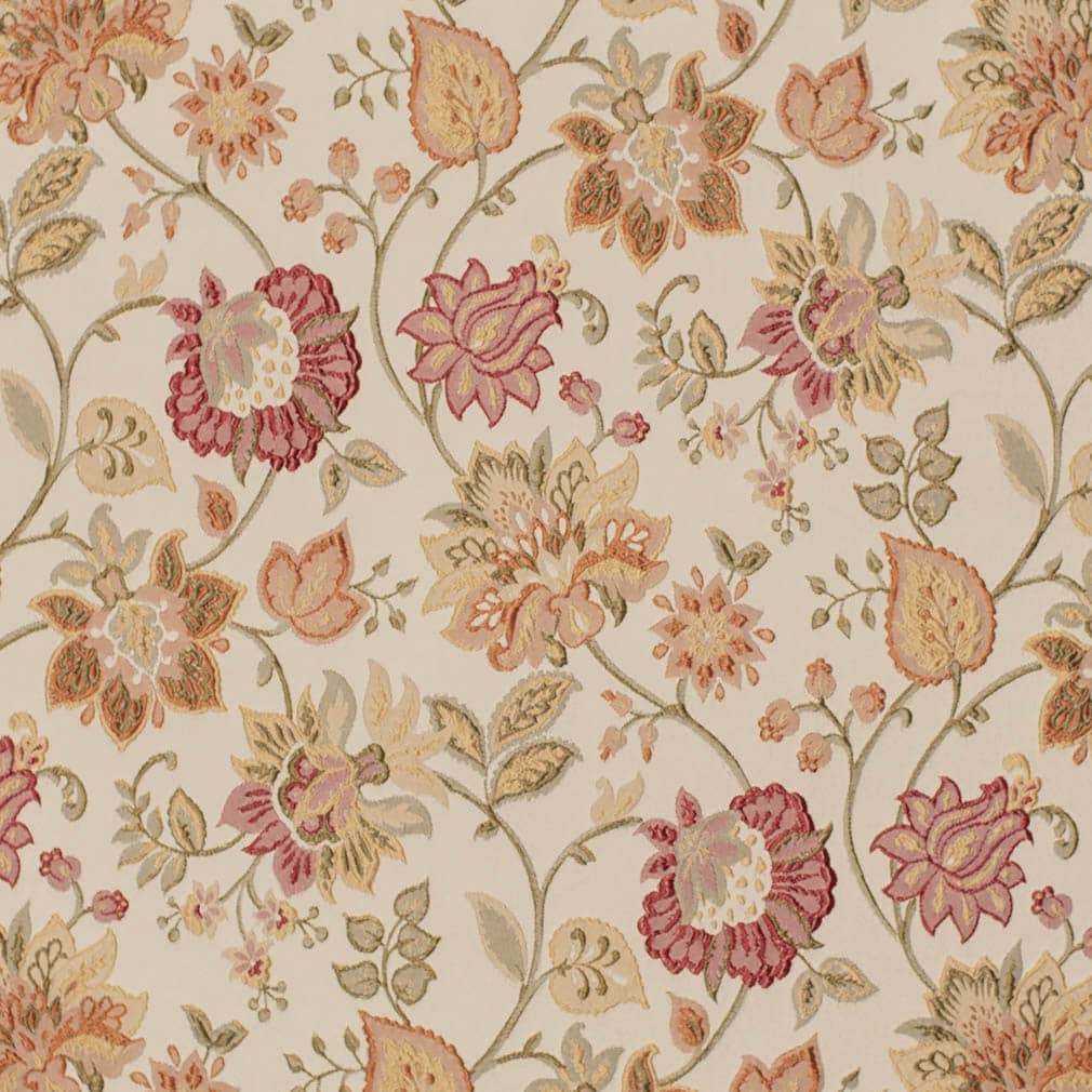 Beige Red Orange Gold Green Floral Drapery Upholstery Fabric