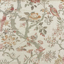 Load image into Gallery viewer, Linen Blend Ecru Red Green Taupe Floral Bird Upholstery Drapery Fabric MGF