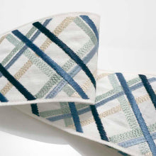Load image into Gallery viewer, 3.25" Wide Linen Viscose White Navy Blue Taupe Aqua Geometric Embroidered Tape Trim