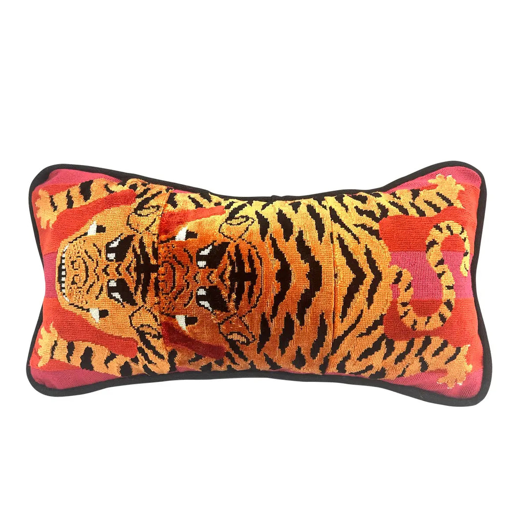 Double Tiger Lumbar Pillow in Schumacher Jokhang Velvet / Red & Pink