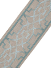 Load image into Gallery viewer, 3.5" Taupe Aqua Teal Blue Geometric Trellis Linen Blend Drapery Tape Trim