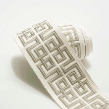 Load image into Gallery viewer, 2.375&quot; Wide Ivory Silver Grey Greek Key Geometric Embroidered Drapery Tape Trim