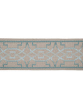 Load image into Gallery viewer, 3.5" Taupe Aqua Teal Blue Geometric Trellis Linen Blend Drapery Tape Trim