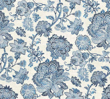 Load image into Gallery viewer, Linen Viscose Ivory Navy Blue Floral Jacobean Drapery Fabric