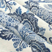 Load image into Gallery viewer, Linen Viscose Ivory Navy Blue Floral Jacobean Drapery Fabric