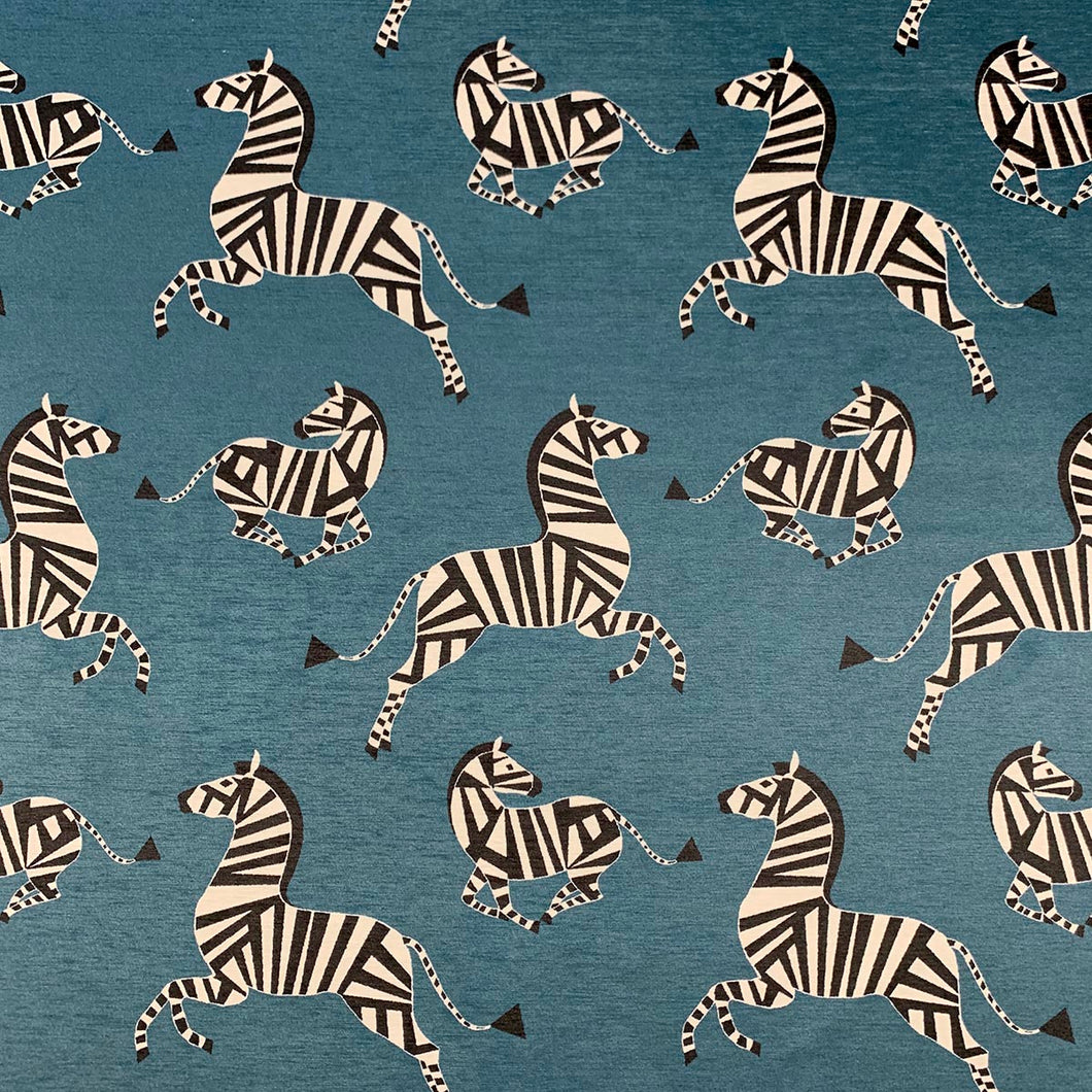 Teal Black White Zebra Animal Pattern Velvet Upholstery Drapery Fabric