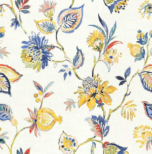 Cotton Ivory Navy Blue Green Mustard Red Teal Floral Upholstery Drapery Fabric