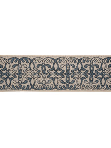 3" Wide Denim Blue Beige Renaissance Scroll Drapery Tape Trim