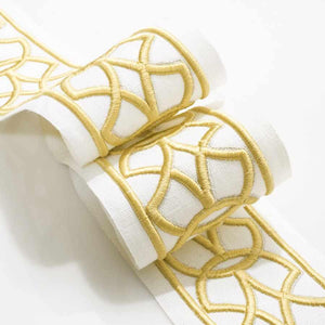 3.25" Off White Mustard Gold Embroidered Geometric Drapery Tape Trim