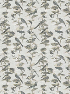 Silver Grey Steel Blue Beige Bird Floral Upholstery Drapery Fabric