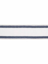 Load image into Gallery viewer, 4.25" White Navy Blue Embroidered Linen Blend Drapery Tape Trim