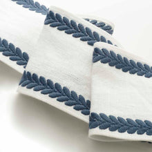 Load image into Gallery viewer, 4.25" White Navy Blue Embroidered Linen Blend Drapery Tape Trim