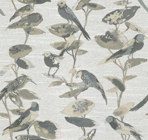 Silver Grey Steel Blue Beige Bird Floral Upholstery Drapery Fabric