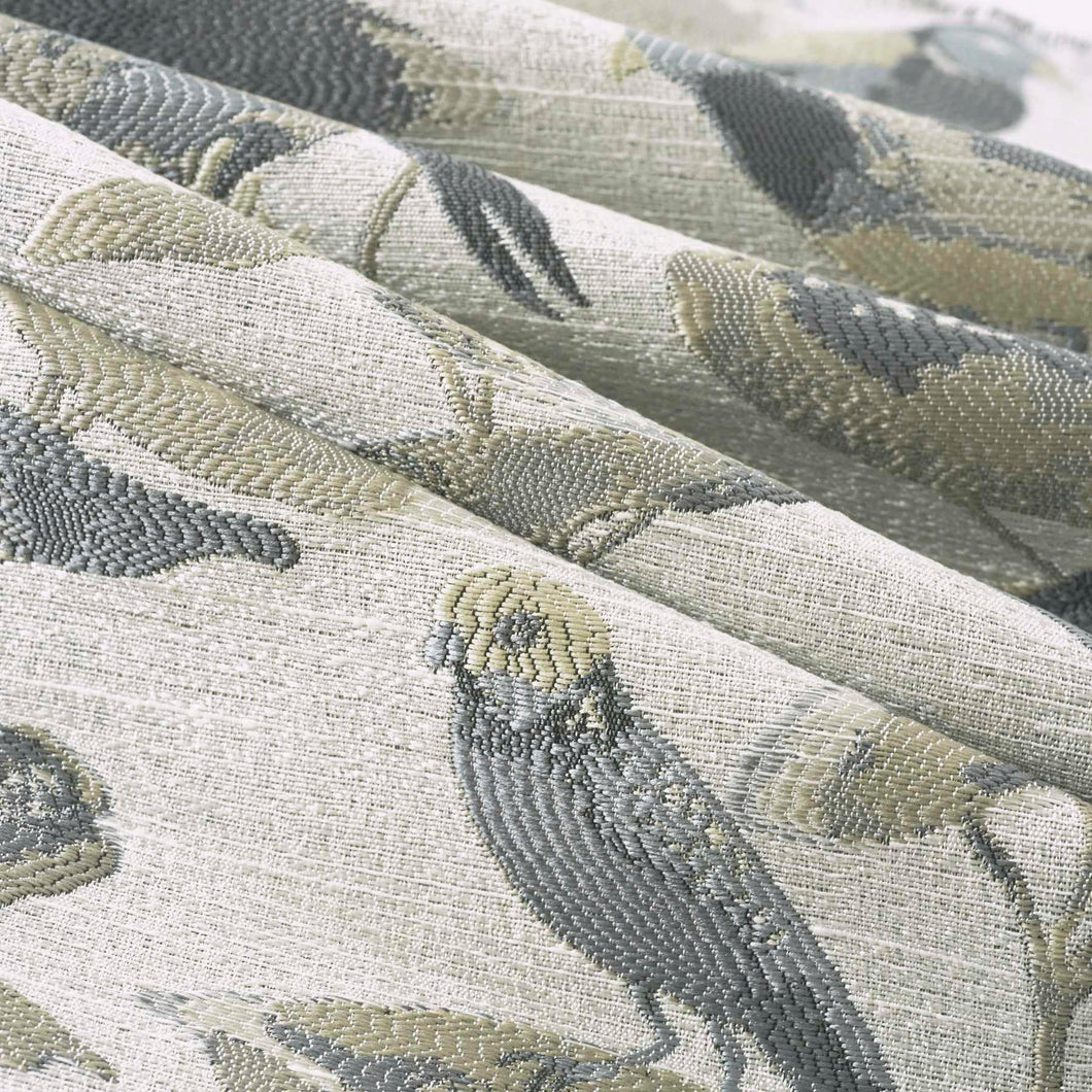 Silver Grey Steel Blue Beige Bird Floral Upholstery Drapery Fabric