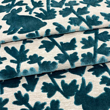 Load image into Gallery viewer, Teal Green Beige Woodland Animal Pattern Cut Velvet Upholstery Drapery Fabric