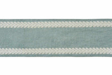 Load image into Gallery viewer, 4.25" Chambray Aqua Blue Ivory Embroidered Linen Blend Drapery Tape Trim