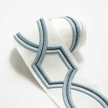 Load image into Gallery viewer, 3" Wide Ivory Blue Geometric Embroidered Drapery Tape Trim