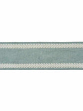 Load image into Gallery viewer, 4.25" Chambray Aqua Blue Ivory Embroidered Linen Blend Drapery Tape Trim