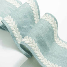 Load image into Gallery viewer, 4.25" Chambray Aqua Blue Ivory Embroidered Linen Blend Drapery Tape Trim