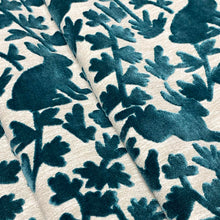 Load image into Gallery viewer, Teal Green Beige Woodland Animal Pattern Cut Velvet Upholstery Drapery Fabric