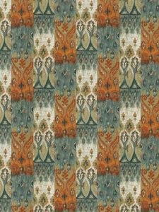 Rusty Orange Teal Mustard Gold Beige Ikat Upholstery Fabric