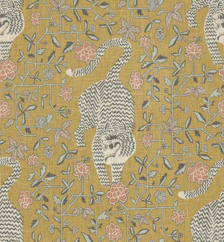 Linen Rayon Mustard Yellow Coral Cream Black Animal Pattern Upholstery Drapery Fabric