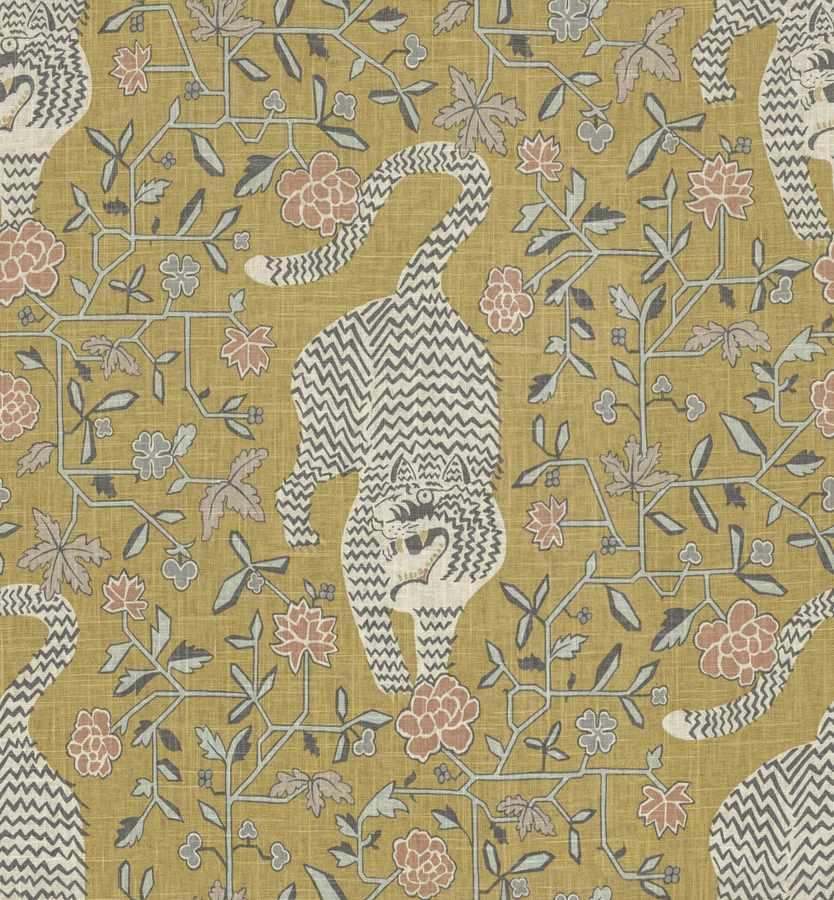 Linen Rayon Mustard Yellow Coral Cream Black Animal Pattern Upholstery Drapery Fabric