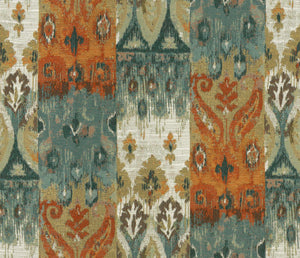 Rusty Orange Teal Mustard Gold Beige Ikat Upholstery Fabric