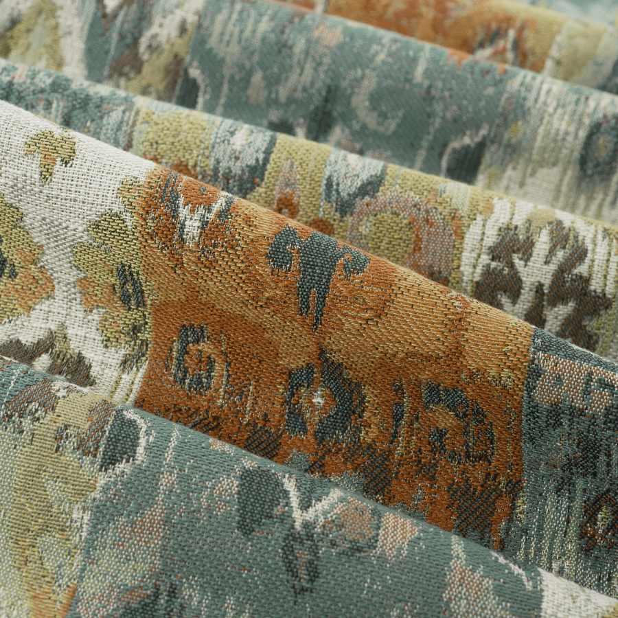 Rusty Orange Teal Mustard Gold Beige Ikat Upholstery Fabric