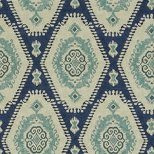 Load image into Gallery viewer, Cotton Navy Blue Beige Aqua Ikat Upholstery Drapery Fabric FB