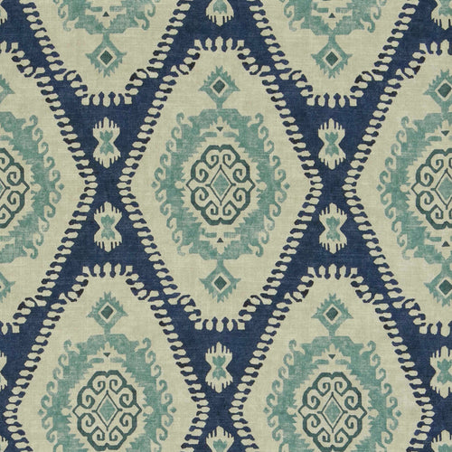 Cotton Navy Blue Beige Aqua Ikat Upholstery Drapery Fabric FB