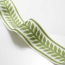 Load image into Gallery viewer, 2.25&quot; Ivory Lime Green Leaf Border Drapery Tape Trim