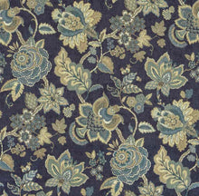 Load image into Gallery viewer, Cotton Indigo Navy Blue Teal Taupe Floral Jacobean Upholstery Drapery Fabric