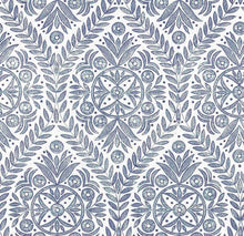 Load image into Gallery viewer, Cotton Viscose Linen White Navy Blue Floral Medallion Drapery Fabric