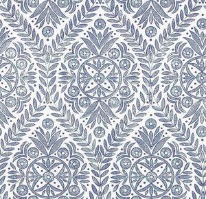 Cotton Viscose Linen White Navy Blue Floral Medallion Drapery Fabric