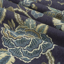 Load image into Gallery viewer, Cotton Indigo Navy Blue Teal Taupe Floral Jacobean Upholstery Drapery Fabric