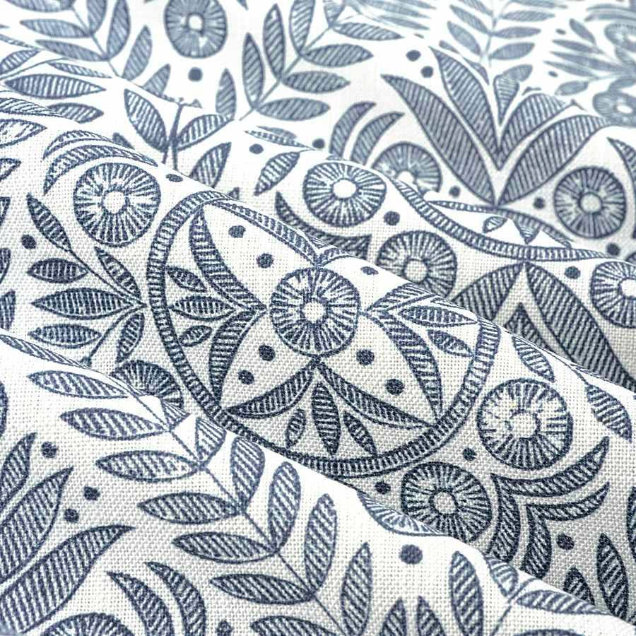 Cotton Viscose Linen White Navy Blue Floral Medallion Drapery Fabric