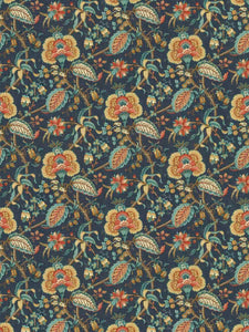 Cotton Teal Blue Coral Brown Floral Upholstery Drapery Fabric