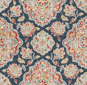 Linen Viscose Indigo Navy Blue Red Mustard White Medallion Upholstery Drapery Fabric