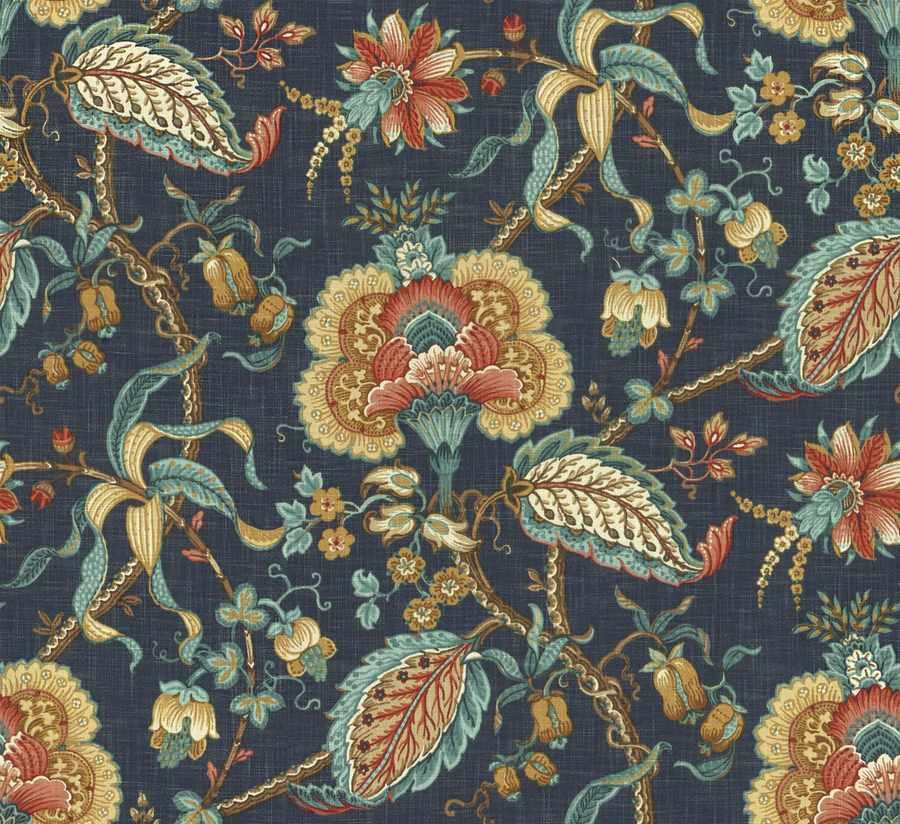 Cotton Teal Blue Coral Brown Floral Upholstery Drapery Fabric